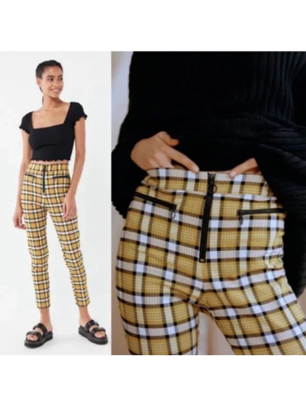 Urban Outfitters Mustard Yellow Plaid Pants with Front Zip Detail Size 4
